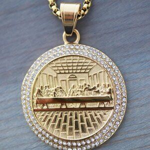 Last Supper Style with CZ Round Pendant Necklace 18k Gold Plated Stainless Steel